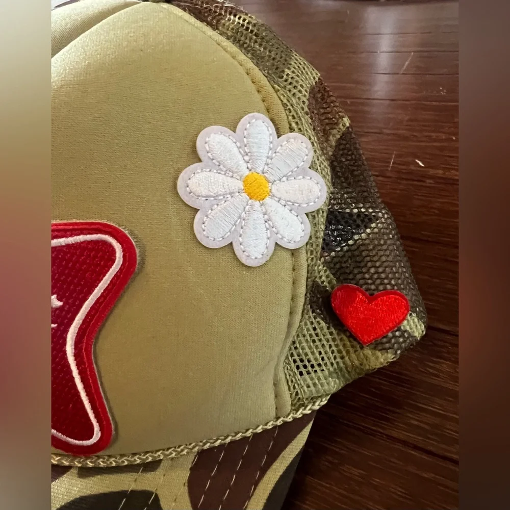 camouflage-patterned Miller High Life trucker hat featuring embroidered patches. - Picture 3 of 5